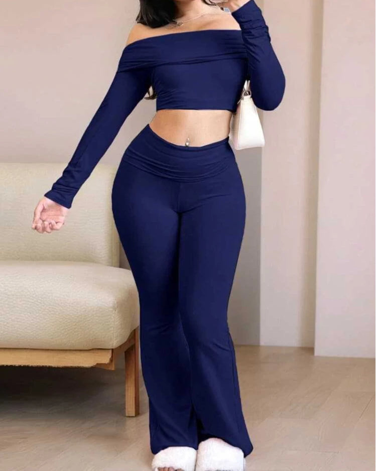 Casual Workout Two Piece Sets Woman Outfits Crop Long Sleeves Tops Foldover Flare Pants Tracksuit Suit Summer and Fall