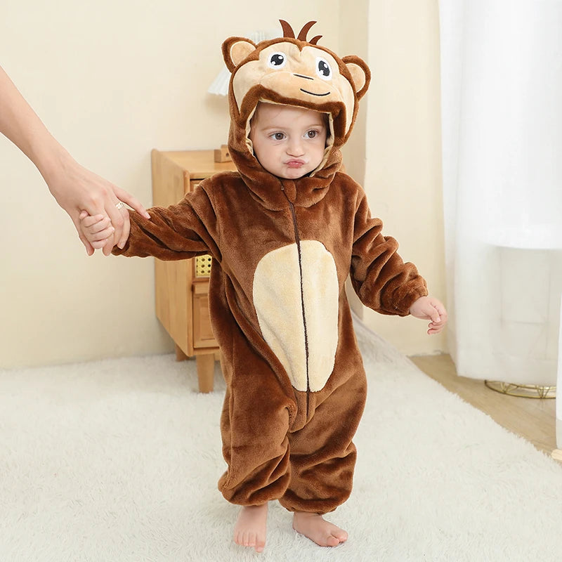 MICHLEY Carnaval Baby Cartoon Romper Winter Newborn Monkey Hooded Infant Clothing Boy Girl Pajamas Animal Onesie Jumpsuit