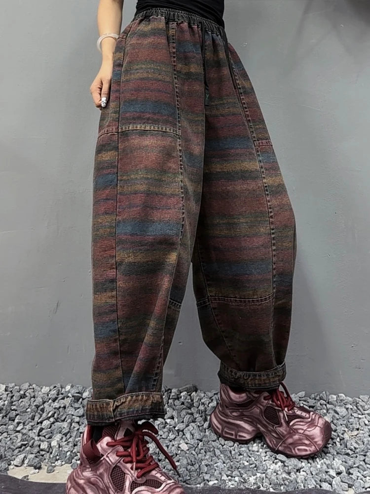 Amax LuluE Fall Korean Casual Jeans Womens Classic Striped Fashion Vintage Denim Pants Ladies Loose Elastic Waist Harem Trousers