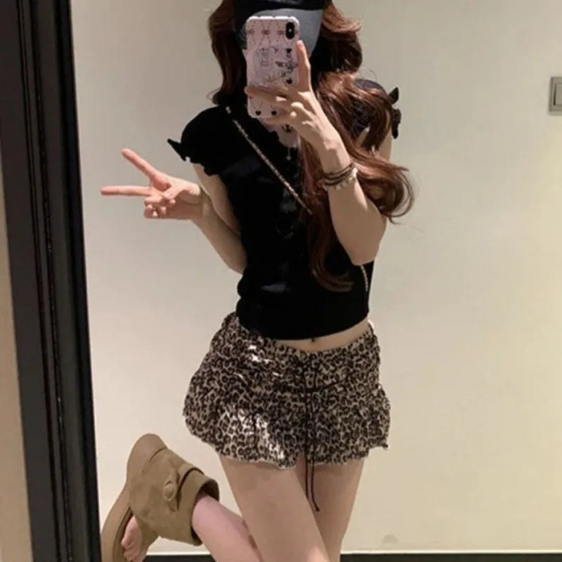 Fall Leopard Print Mini Skirt Retro American Style Drawstring Waist A Line Skirt for Women