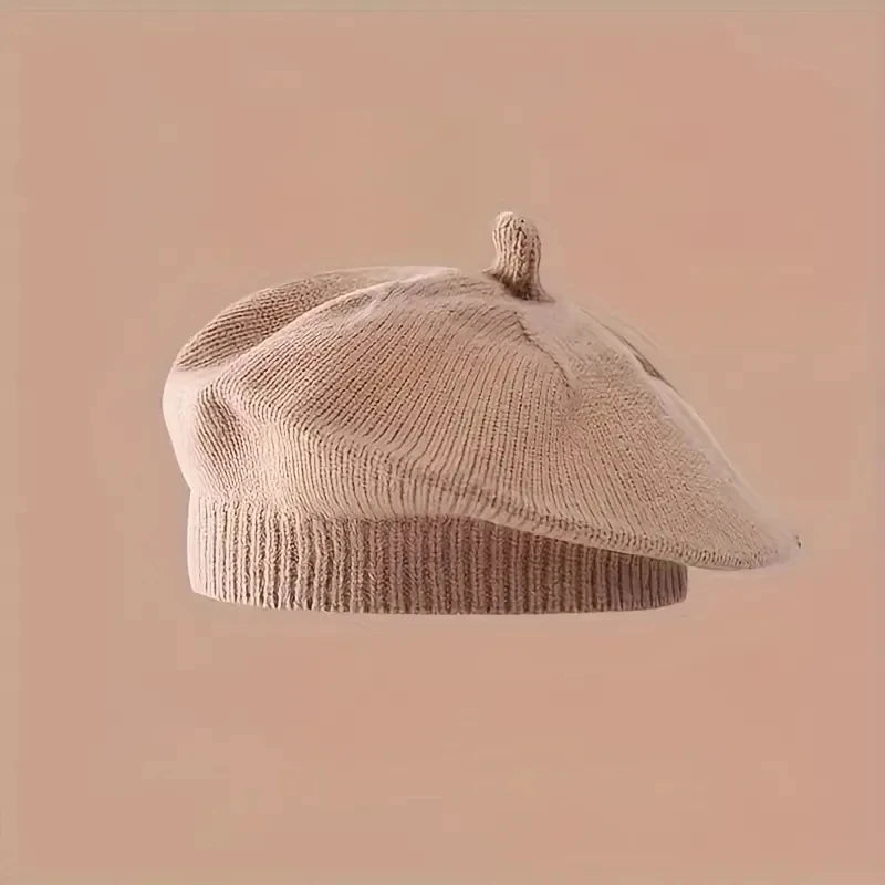 Flower Baby Beret Hat Winter Warm Knitted Beanie Cap for Infant Girls Korean Toddler Princess Artist Solid Color Painter Caps