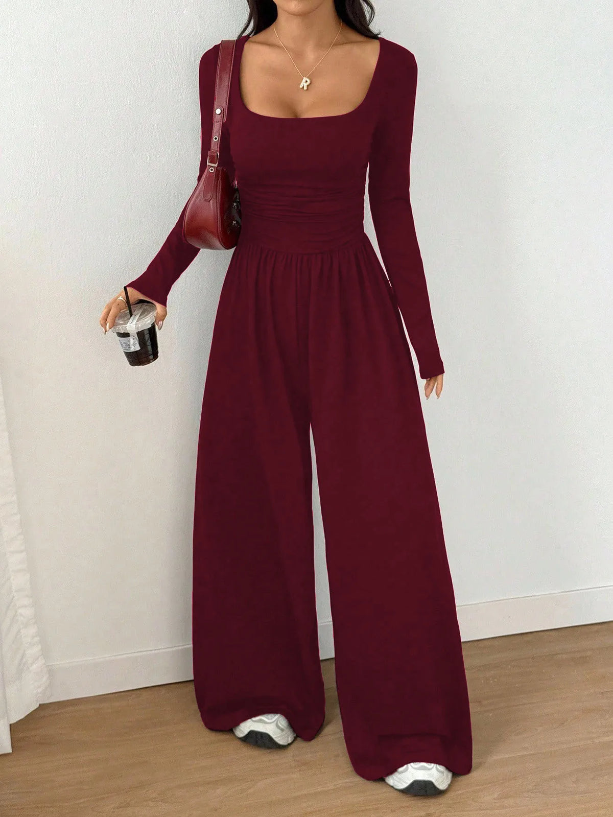 Women's Casual Solid Color Square Neck Long Sleeve A-Line Jumpsuit Pleating Wide Leg Loose Mopping Jumpsuit Spring/Fall 2026