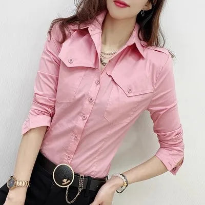 New Fall Winter European Clothes Shirts Office Lady Pockets Blouses Fashion Sexy Button Up Women's Long Sleeve Tops 311127
