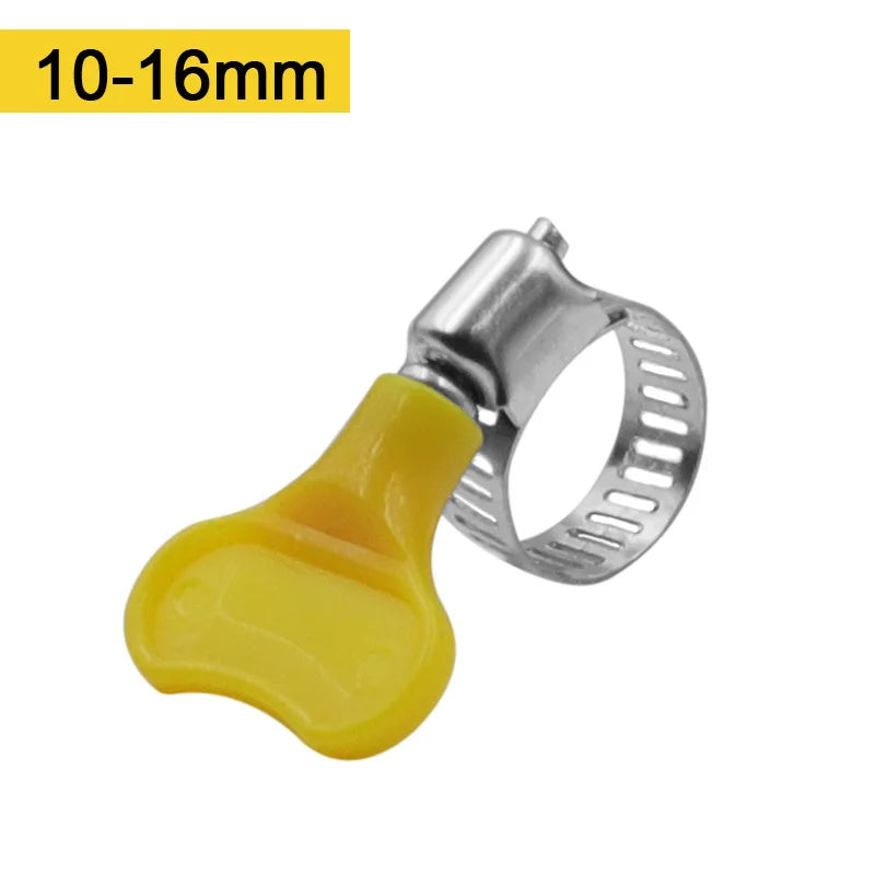 5/10pcs 8-44mm Adjustable Yellow Plastic Handle Hand Twist Hose Clamps Worm Driving 201 Stainless Steel Pipe Clips For Tube