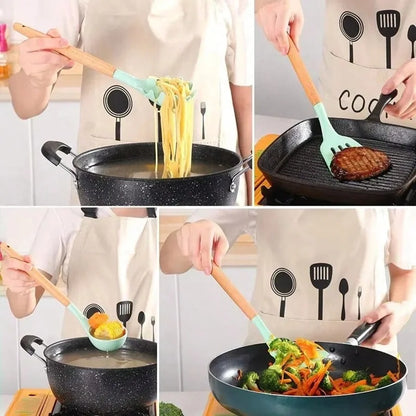 12Pcs Kitchen Utensil Set Silicone Spatula Set Wooden Handle Cooking Tools Kit with Holder Heat-Resistant Cookware for Kitchen