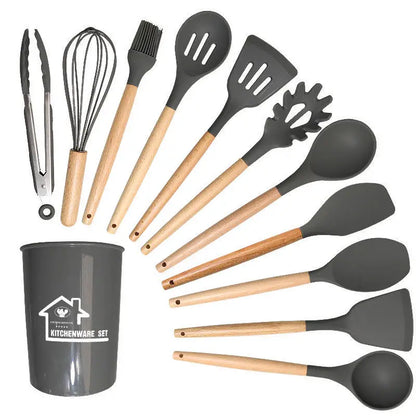 12 Piece Set Kitchen Accessories Cooking Tools Silicone Cooking Utensils Kitchen Utensil Set with Wooden Handle