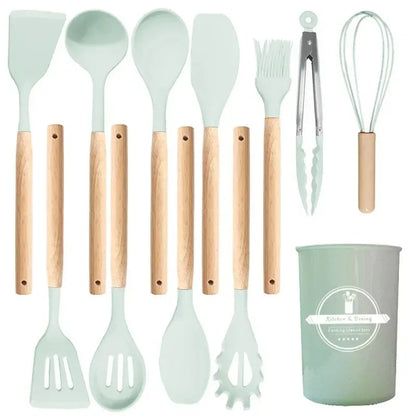12Pcs Kitchen Utensil Set Silicone Spatula Set Wooden Handle Cooking Tools Kit with Holder Heat-Resistant Cookware for Kitchen
