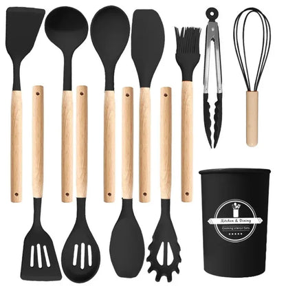 12Pcs Kitchen Utensil Set Silicone Spatula Set Wooden Handle Cooking Tools Kit with Holder Heat-Resistant Cookware for Kitchen