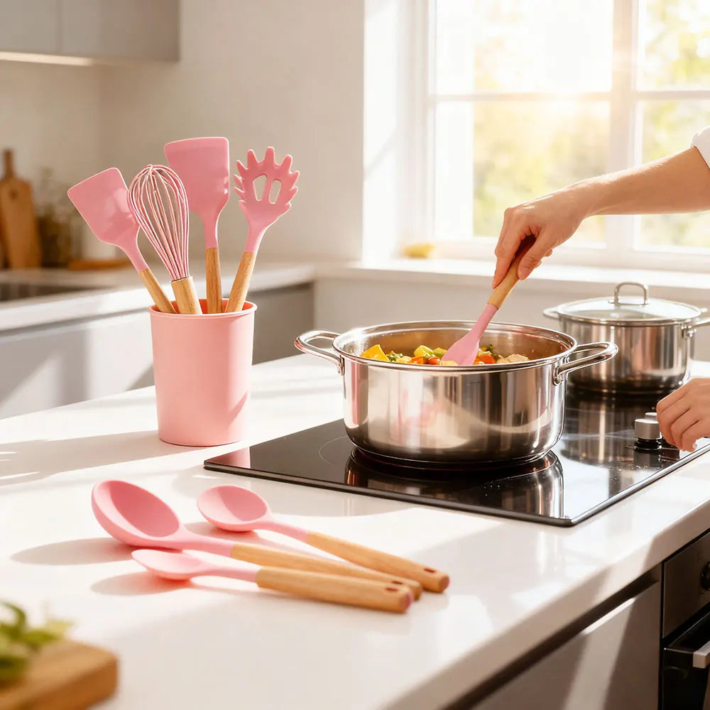 12 Piece Set Kitchen Accessories Cooking Tools Silicone Cooking Utensils Kitchen Utensil Set with Wooden Handle