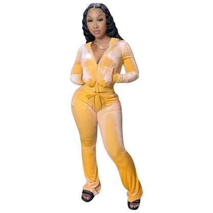 Hot Sale Fall Women's hoodie Set Zipper Pocket Crop Top Jacket Velvet Jogging suit Velour tracksuits Women Two Piece set