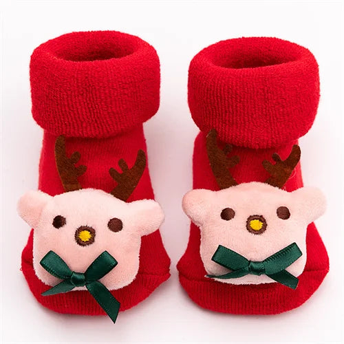 Baby Boys Girls Christmas Red Socks Spring Autumn Winter Anti Slip Cotton Soft Cartoon Floor Sock with Santa Claus Snowman Decor
