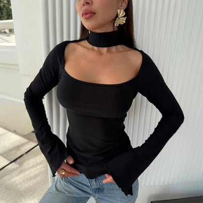 Women'S Fall/Winter New Arrival Solid Color Hanging Neck Square Collar Slim-Fit Elegant Slit Long-Sleeve Causal Top
