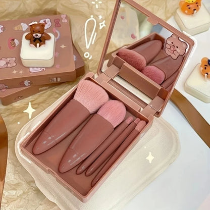 5 PCs Cosmetic Portable Makeup Brush Travel With Mirror Box Makeup Set Blush Blending Brush Eyeshadow Brushes Travel Makeup Set