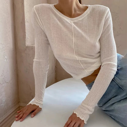Casual Full Sleeve Round Collar T-shirt See-Through Slim Spring Fall Tee Female Fashion Solid Clothing Streetwear