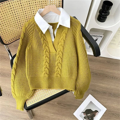 Fashion New Casual Fall Winter Fake Two-piece Knitted Top for Women Autumn and Winter Long Sleeves Sweater for Women Tops