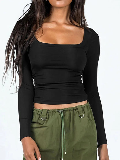 Women Long Sleeve Square Neck T-Shirt Tops Solid Color Street Casual Fall Spring T-Shirt For Women