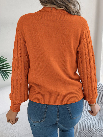 Women Solid Openwork Knit Pullover Round Neck Long Sleeve Cozy Fall Winter Resort Ready Sweater Top