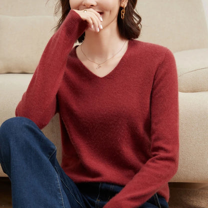 100% Pure Cashmere Women's Sweater V-Neck Long Sleeve Fall Winter Warm Soft Knit Pullover New Knitted Tops Women's Clothing