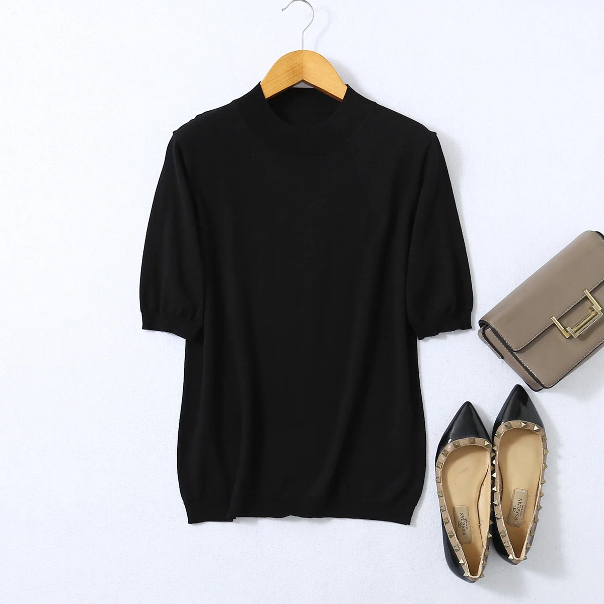 Birdtree, Woman Basic Sweaters, 70% Spun Silk and Cotton Blend O Neck Pullovers, Fall Winter Solid Bottoming Shirts T61715JF