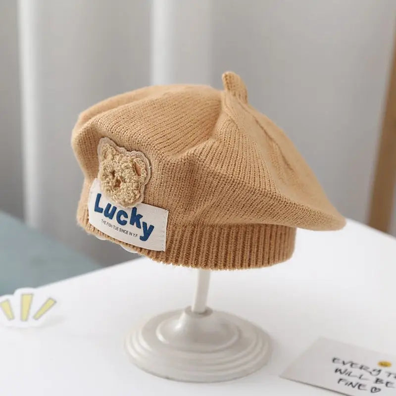 Flower Baby Beret Hat Winter Warm Knitted Beanie Cap for Infant Girls Korean Toddler Princess Artist Solid Color Painter Caps