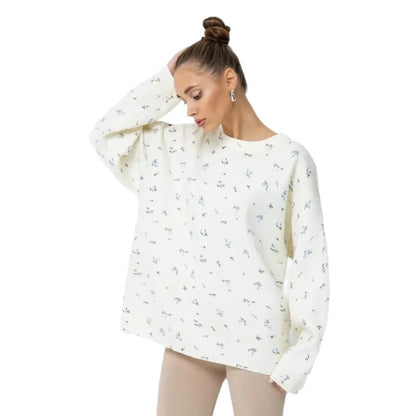 Women's Cream White Floral Print Longline Knit Sweater Crew Neck Relaxed Fit Cardigan with Flowers Fall Winter Boho Chic