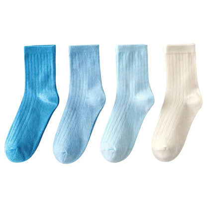 Four Pairs of Children's Socks for Spring and Autumn, Striped Versatile Style, Mid-Calf Socks with a School Style.