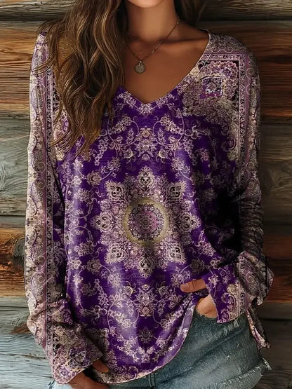 Vintage Women's T-Shirt Floral Graphic Plants Elegant Fashion Tee Long Sleeve T-shirts V-Neck Regular Tops Pullover Fall Winter