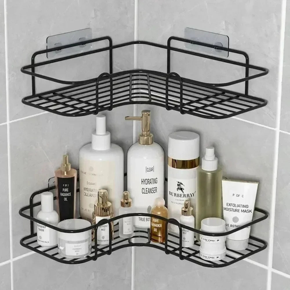 Basket Organizer Bathroom Corner Triangle Shelf Wall Mounted Storage Shelves Shampoo Holder Cosmetic Rack Iron Shower Drain
