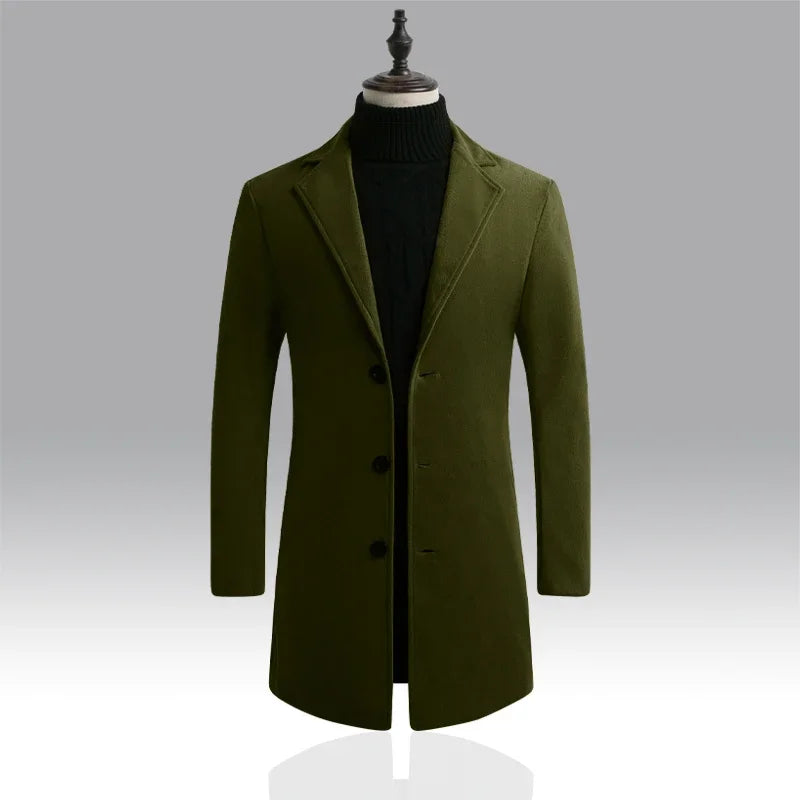 Spring Autumn New Long Cotton Coat New Wool Blend Pure Color Casual Business Fashion Men's Clothing Slim Windbreaker Jacket