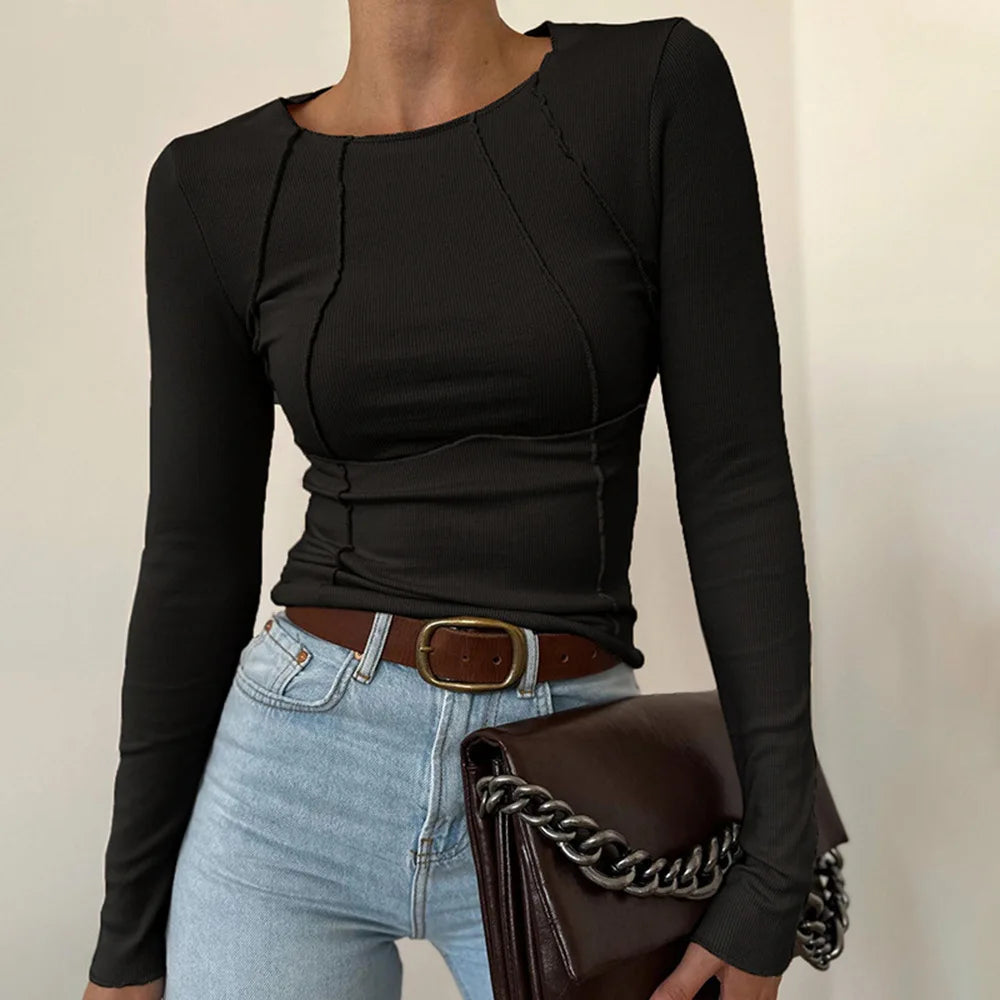 Lady shirt Fall Winter Women's Slim Fit Casual Round Neck Basic Pullover Chest Shape Stitching Long Sleeve Sports Shirt