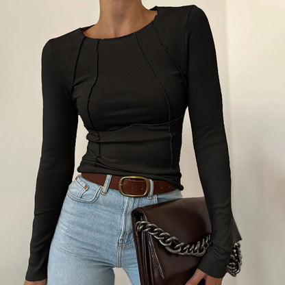 Lady shirt Fall Winter Women's Slim Fit Casual Round Neck Basic Pullover Chest Shape Stitching Long Sleeve Sports Shirt