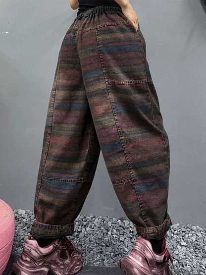 Amax LuluE Fall Korean Casual Jeans Womens Classic Striped Fashion Vintage Denim Pants Ladies Loose Elastic Waist Harem Trousers