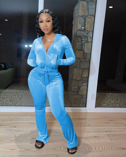Hot Sale Fall Women's hoodie Set Zipper Pocket Crop Top Jacket Velvet Jogging suit Velour tracksuits Women Two Piece set