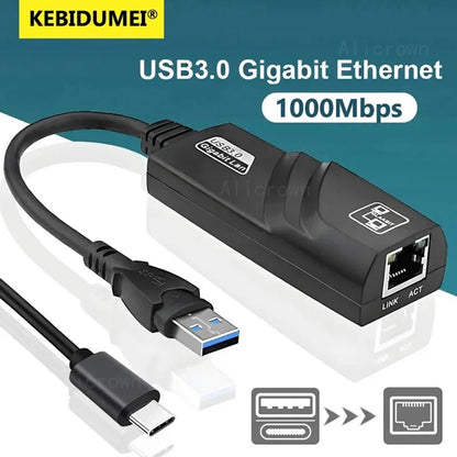 10/100/1000Mbps USB 3.0 Wired USB TypeC To Rj45 Lan Ethernet Adapter RTL8153 Network Card for PC Macbook Windows Laptop