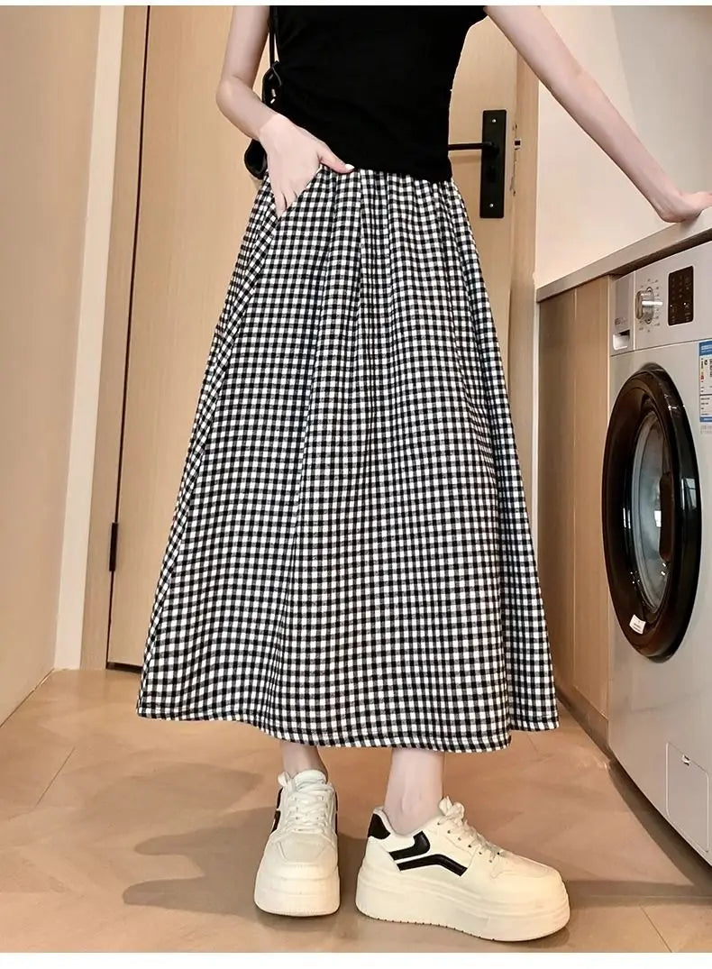 Black White Checkered A-line Skirt Women Summer Lightweight High Waisted Long Skirt