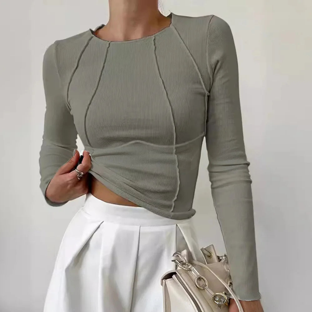 Lady shirt Fall Winter Women's Slim Fit Casual Round Neck Basic Pullover Chest Shape Stitching Long Sleeve Sports Shirt