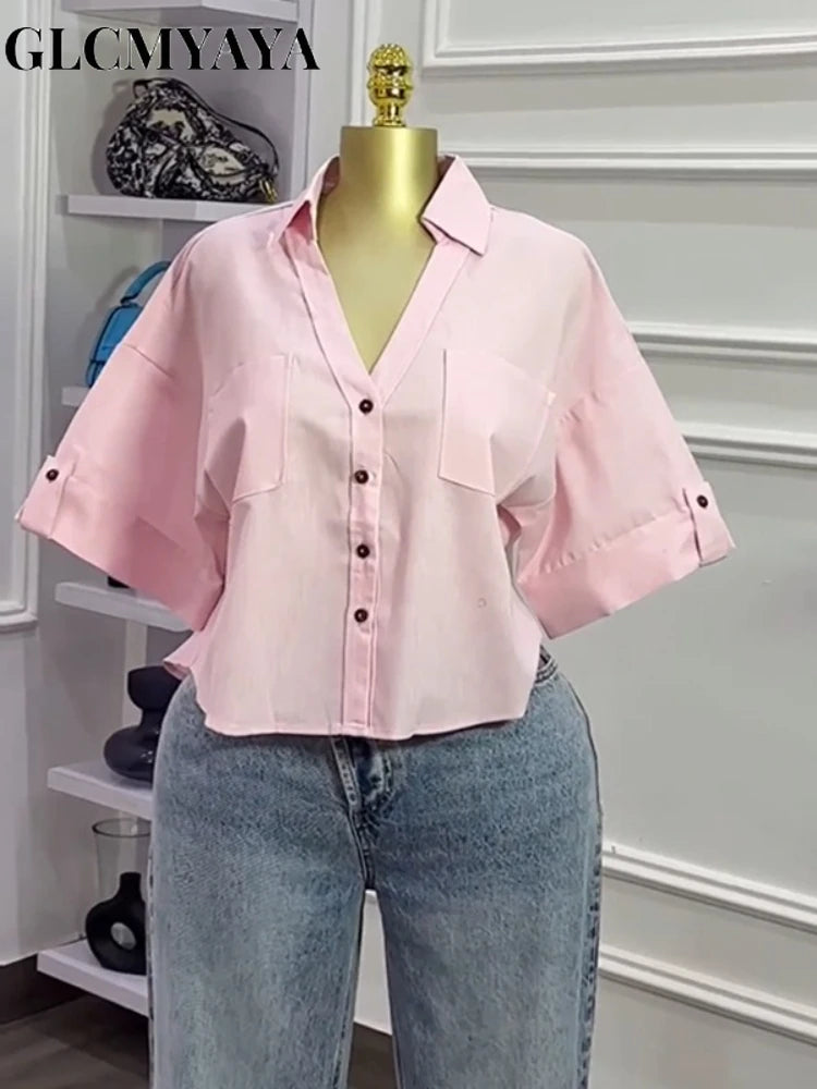Fall Autumn Women Half Sleeve Single Breasted Blouse and Shirt V-neck Pockets Street Casual Loose OL Tops Shirts