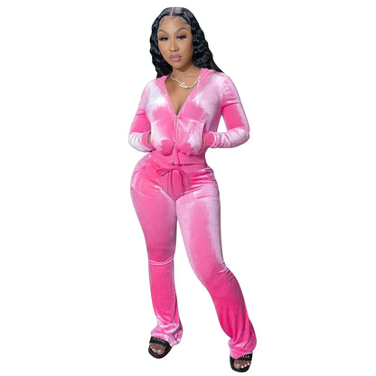 Hot Sale Fall Women's hoodie Set Zipper Pocket Crop Top Jacket Velvet Jogging suit Velour tracksuits Women Two Piece set