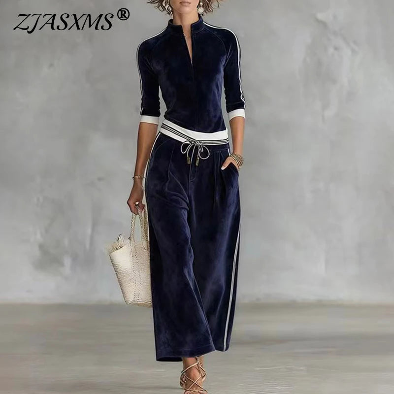 Fall Winter Solid Velvet Clothes Woman Turtleneck Zipper Top Cardigan & Wide Leg Pants Set Retro Contrast Sportswear Suit Outfit