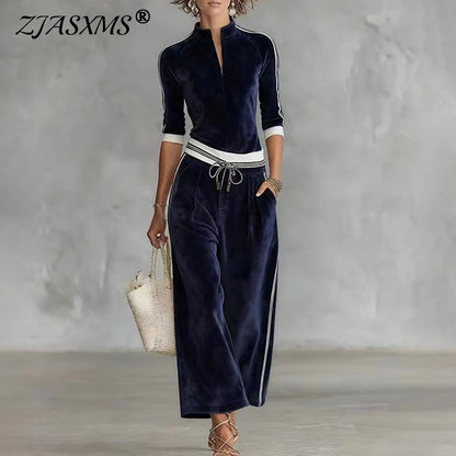 Fall Winter Solid Velvet Clothes Woman Turtleneck Zipper Top Cardigan & Wide Leg Pants Set Retro Contrast Sportswear Suit Outfit