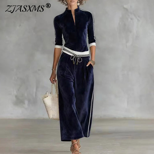 Fall Winter Solid Velvet Clothes Woman Turtleneck Zipper Top Cardigan & Wide Leg Pants Set Retro Contrast Sportswear Suit Outfit