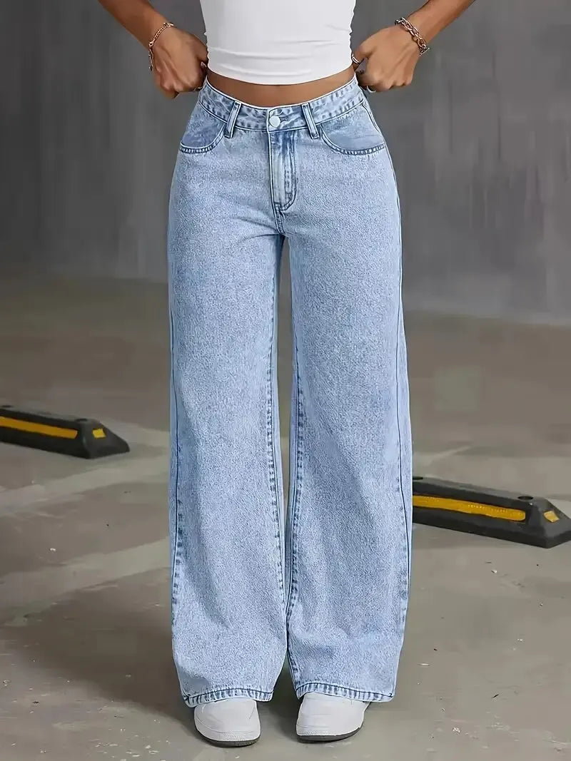 New American Fashion Women's Loose Casual Wide Leg Straight Denim Jeans Baggy Streetwear Pants All Season Trousers