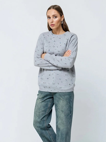 Women's Cream White Floral Print Longline Knit Sweater Crew Neck Relaxed Fit Cardigan with Flowers Fall Winter Boho Chic