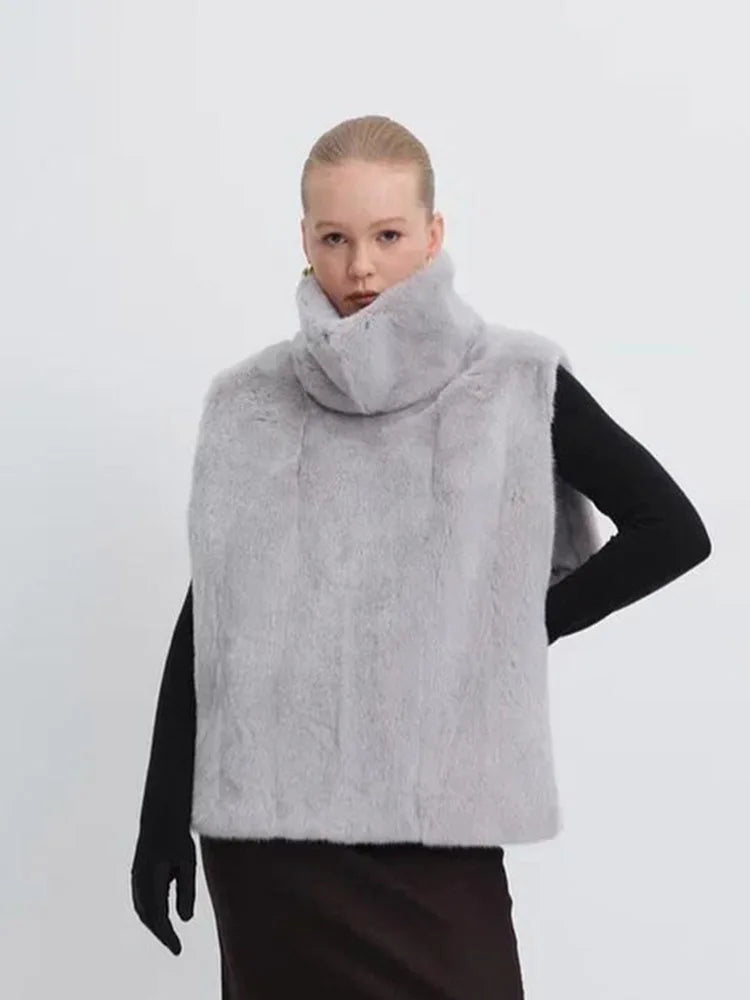 Solid Color Half Turtleneck Furry Sleeveless Top Patchwork Short Section Pullover Top Fall Woman'S Clothing Street