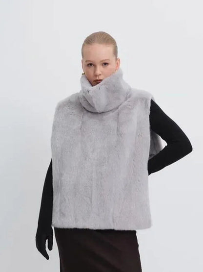 Solid Color Half Turtleneck Furry Sleeveless Top Patchwork Short Section Pullover Top Fall Woman'S Clothing Street