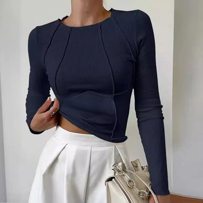 Lady shirt Fall Winter Women's Slim Fit Casual Round Neck Basic Pullover Chest Shape Stitching Long Sleeve Sports Shirt