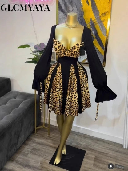 CM.YAYA Women Leopard Printed Patchwork Strapless Long Sleeve A-line Mini Midi Dress Fall Holiday Party Birthday Street Dresses