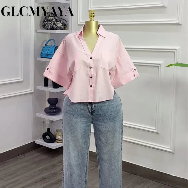Fall Autumn Women Half Sleeve Single Breasted Blouse and Shirt V-neck Pockets Street Casual Loose OL Tops Shirts