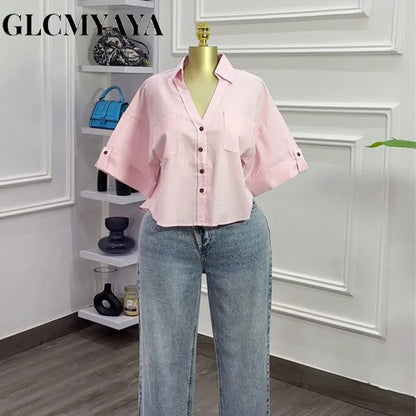 Fall Autumn Women Half Sleeve Single Breasted Blouse and Shirt V-neck Pockets Street Casual Loose OL Tops Shirts