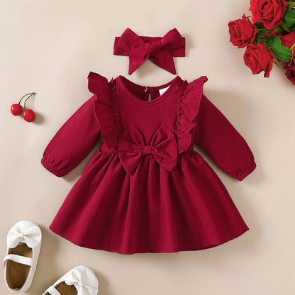 Baby Girl Autumn Dress Ruffled Edges and Bow, Long-Sleeved Dress+Headband for 0-18 Months Cute Baby Girl Holiday Party Costume